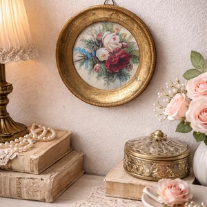 Vintage Floral Rose Plaque – Gold Frame Cottagecore Wall Art AF024