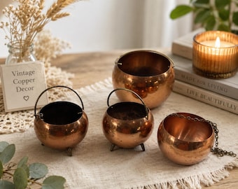Vintage Copper Bowl Set of 4 | Mini Copper Cauldrons | Hanging Copper Planters | Rustic Cottage Decor | Garden Accent Bowls AF690