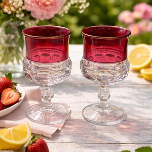 May include: Two elegant wine glasses with ruby red bowls and gold rims. The clear, patterned stems sit on a white wooden table, with strawberries, lemons, and flowers in the background. The glasses are likely for a special occasion.