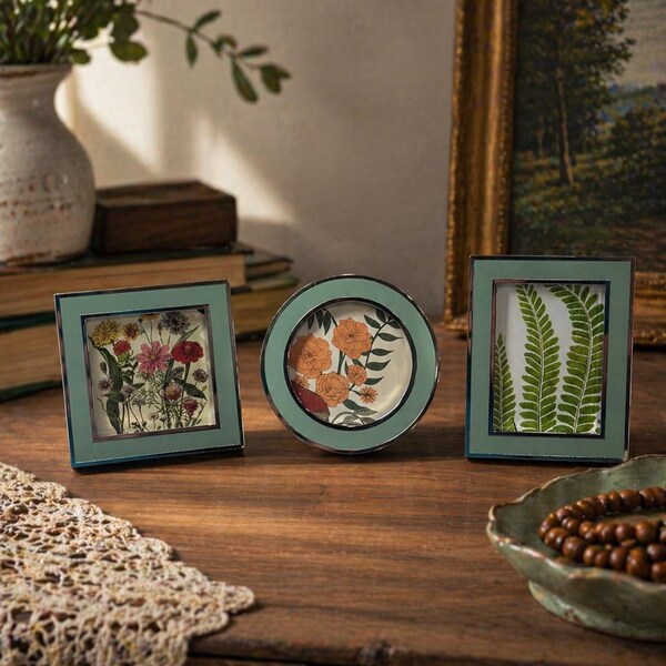 Set of 3 Vintage Botanical Frames, Mini Gallery Wall Decor, Small Floral Art Frames, Teal Picture Frames, Shelf or Wall Decor AF469