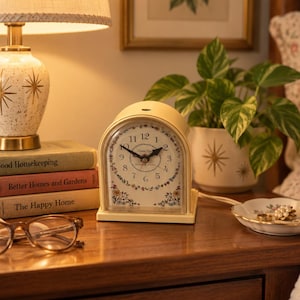 May include: An arched cream-colored electric mantel clock with a white face, black numerals, and black hands. The clock face features a delicate floral border with small red, yellow, and blue flowers at the bottom and a small hole at the top.