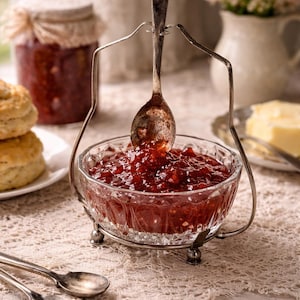 May include: A glass bowl filled with red jam, held in a silver stand, with a spoon resting in the jam. A jar of jam, biscuits, and butter are in the background. The scene is set on a lace tablecloth.