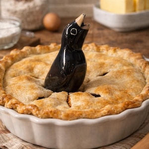 May include: A freshly baked pie in a white ceramic dish, with a decorative black bird pie vent in the center. The pie has a golden-brown crust and is set on a checkered cloth, with ingredients in the background.