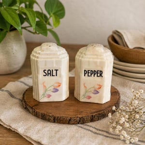 May include: A pair of vintage ceramic salt and pepper shakers. The off-white shakers have a rectangular shape with vertical ridges and a floral design. The word "SALT" and "PEPPER" are printed on the front.