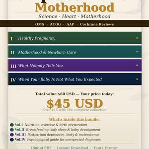 May include: A digital ebook bundle called "Complete Bundle Motherhood" with four ebooks. The cover has brown and gold text, with sections on pregnancy, newborn care, and postpartum topics. Includes a list of contents and a price.