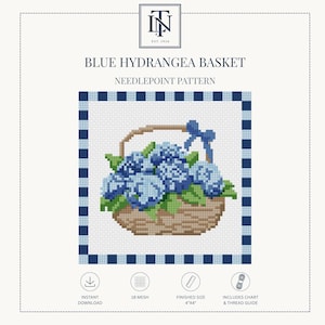 Może przedstawiać: Wzór do haftu igłowego zatytułowany BLUE HYDRANGEA BASKET przedstawiający niebieskie hortensje w plecionym koszyku w kolorze opalenizny z niebieską kokardą. Wzór posiada niebiesko-białą kratkę na obrzeżach i ma wymiary 10,16 cm na 10,16 cm.