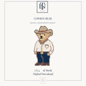 Peut inclure: Un motif de canevas numérique représentant un ours pixelisé portant un chapeau de cowboy beige, une chemise blanche boutonnée et un jean bleu. Le texte indique COWBOY BEAR, DIGITAL NEEDLEPOINT DESIGN, 3 X 4, 18 MESH, Digital Download.