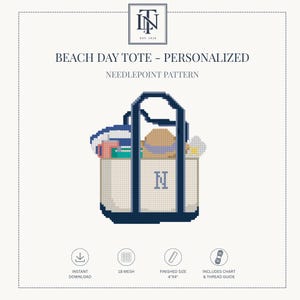 Beach Day Tote Needlepoint Pattern | Preppy Coastal Monogram Chart (Digital Download)