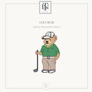 May include: A digital needlepoint design titled GOLF BEAR featuring a pixelated light brown bear wearing a white cap, a green polo shirt, and tan trousers. The bear holds a black golf club. The text GOLF BEAR DIGITAL NEEDLEPOINT DESIGN is visible.