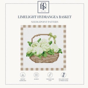 Może przedstawiać: Wzór do haftu igłowego zatytułowany Limelight Hydrangea Basket z pikselową ilustracją białych hortensji w brązowym plecionym koszu z zieloną kokardą. Projekt zawiera beżowo-białą kratkowaną ramkę oraz wymiary 10 cm x 10 cm.