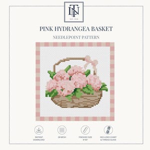 Pink Hydrangea Basket Needlepoint Pattern – Floral Home Decor (Digital Download)