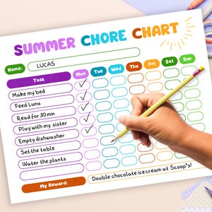 May include: A colorful summer chore chart with the name "LUCAS" at the top. The chart includes tasks like "Make my bed" and "Feed Luna." A hand is holding a yellow pencil, marking the tasks. The reward is "Double chocolate ice cream at Scoop's!"