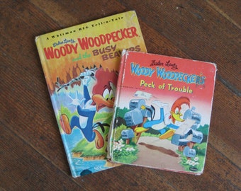 Set of 2 Vintage Children's Books - Woody Woodpecker and the Busy Beavers & Woody Woodpeckers Peck of Trouble (Whitman)