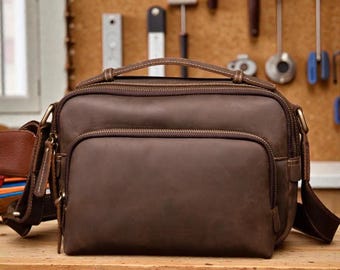 Crazy Horse Leather Messenger Bag, Men's Leather Shoulder Bag, Vintage Satchel for Men, Retro Crossbody Bag, Full Grain Leather Work Bag