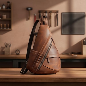 Pode incluir: Uma bolsa de couro marrom com uma alça preta. A bolsa tem um compartimento principal com zíper e um bolso frontal adicional. A bolsa está em uma superfície de madeira. O fundo inclui uma mesa de madeira e uma parede com ferramentas.