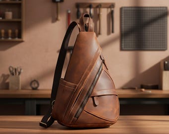 Leather Chest Bag for Men, Genuine Cowhide Sling Backpack, Crossbody Shoulder Bag, Brown Leather Travel Bag