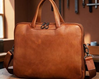 Leather Briefcase for Men, Vegetable Tanned Laptop Bag, Genuine Leather Business Bag, Professional Work Satchel, Vintage Office Attache