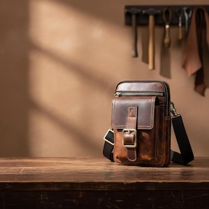 May include: A brown leather crossbody bag with a front flap secured by a buckle. The bag has a zippered top and a black adjustable strap. The bag is sitting on a wooden surface.