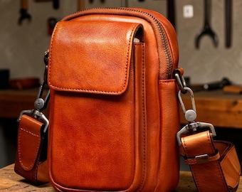 Vegetable Tanned Leather Shoulder Bag, Men's Crossbody Phone Bag, Vintage Leather Messenger, Small Satchel for Men, Minimalist Leather Pouch