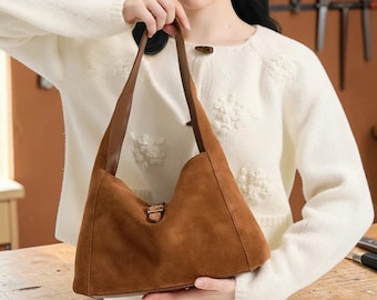 Bolsa de ombro feminina em camurça natural – Bolsa hobo em couro bovino macio