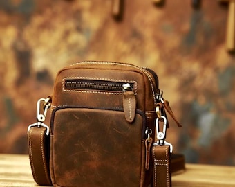 Sac bandoulière homme en cuir véritable, petit sac bandoulière vintage, sac messager pour téléphone en cuir de vachette