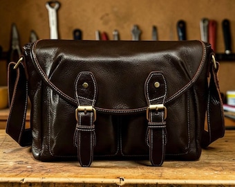 Leather Messenger Bag for Men, Large Capacity Shoulder Bag, Genuine Leather Satchel, Vintage Crossbody Bag, Commuter Work Bag, Gift for Him