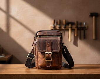 Retro Crazy Horse Leather Men’s Crossbody Bag – Genuine Cowhide Shoulder Messenger Bag, Small Vintage Waist Chest Bag