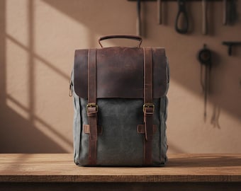 Canvas Leather Backpack – Vintage Military Laptop Rucksack 20-35L, School Travel Bag with Leather Trim