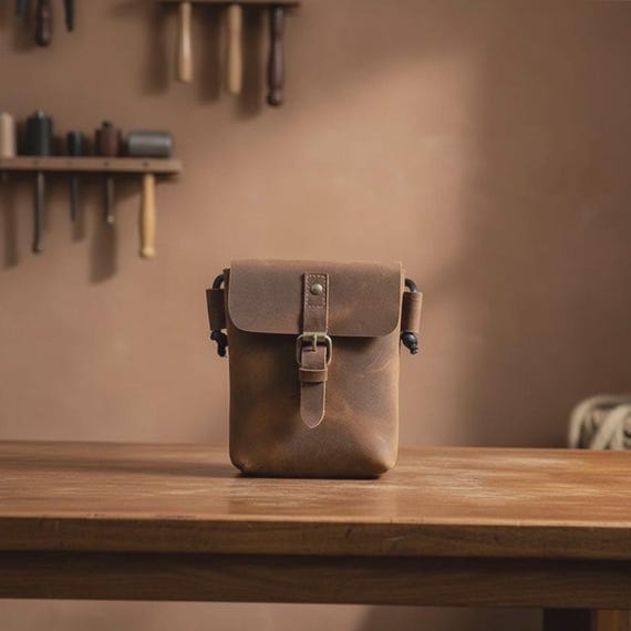 Vintage Crazy Horse Leather Mini Crossbody Bag for Men – Genuine Cowhide Small Shoulder Phone Messenger Bag Brown