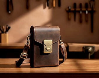 Bolso bandolera de cuero para hombre, pequeño bolso vintage para teléfono, bolso informal de piel de vaca auténtica.