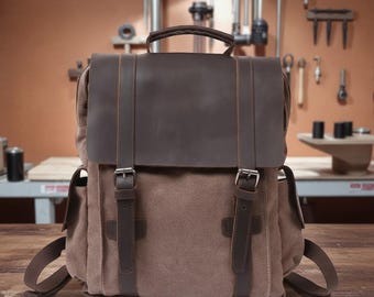 Vintage Canvas Leather Backpack – Unisex Travel Backpack, Military Laptop Backpack, Large Capacity Hiking Bag, Canvas Rucksack