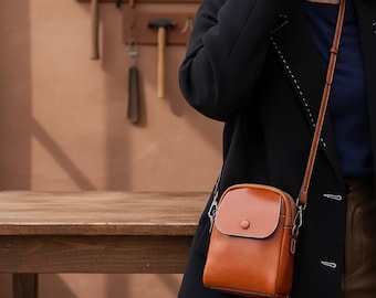 Compact Vertical Leather Crossbody Bag – Genuine Cowhide Phone Shoulder Purse with Flap Pocket for Women