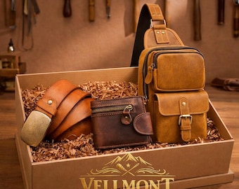 Men's Leather Gift Set, Personalized Sling Bag Wallet and Belt Box, Anniversary Gift for Him, Groomsmen Gift, Husband Birthday