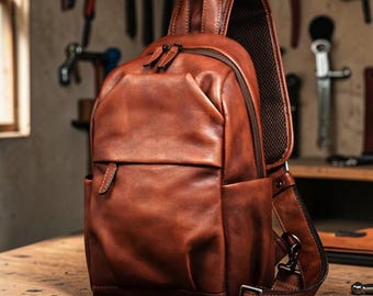 Men’s Genuine Leather Chest Bag – Vintage Sling Backpack, Crossbody Backpack, Large Capacity Cowhide Shoulder Bag for Travel