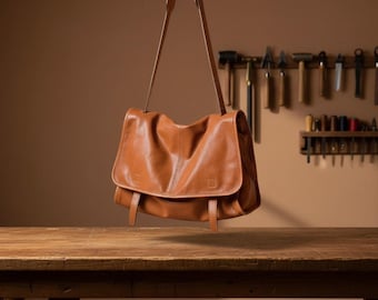 Large Genuine Leather Messenger Bag for Women, Vintage Brown Shoulder Bag, Commuter Crossbody Laptop Tote