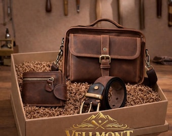 Men's Leather Gift Box Set – Crazy Horse Leather Shoulder Bag, Vintage Cowhide Wallet & Brass Buckle Belt, Anniversary Gift for Him