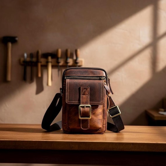 Retro Crazy Horse Leather Men’s Crossbody Bag – Genuine Cowhide Shoulder Messenger Bag, Small Vintage Waist Chest Bag