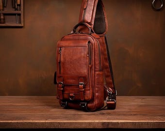 Men's Genuine Leather Chest Bag, Vintage Sling Crossbody Backpack, Cowhide Single Shoulder Bag, Casual Everyday Travel Pack
