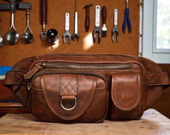 Vegetable Tanned Leather Chest Bag, Men's Crossbody Waist Pack, Vintage Leather Fanny Pack, Rustic Shoulder Sling Bag, Travel Hip Bag
