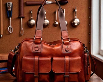 Large Leather Travel Bag for Men, Genuine Leather Weekender Bag, Burgundy Business Handbag, Men's Overnight Bag, Vintage Shoulder Bag