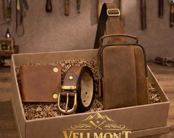 Men's Leather Gift Box - Genuine Leather Sling Bag, Wallet & Belt Set - Personalized Anniversary Gift for Him, Birthday Gift Husband