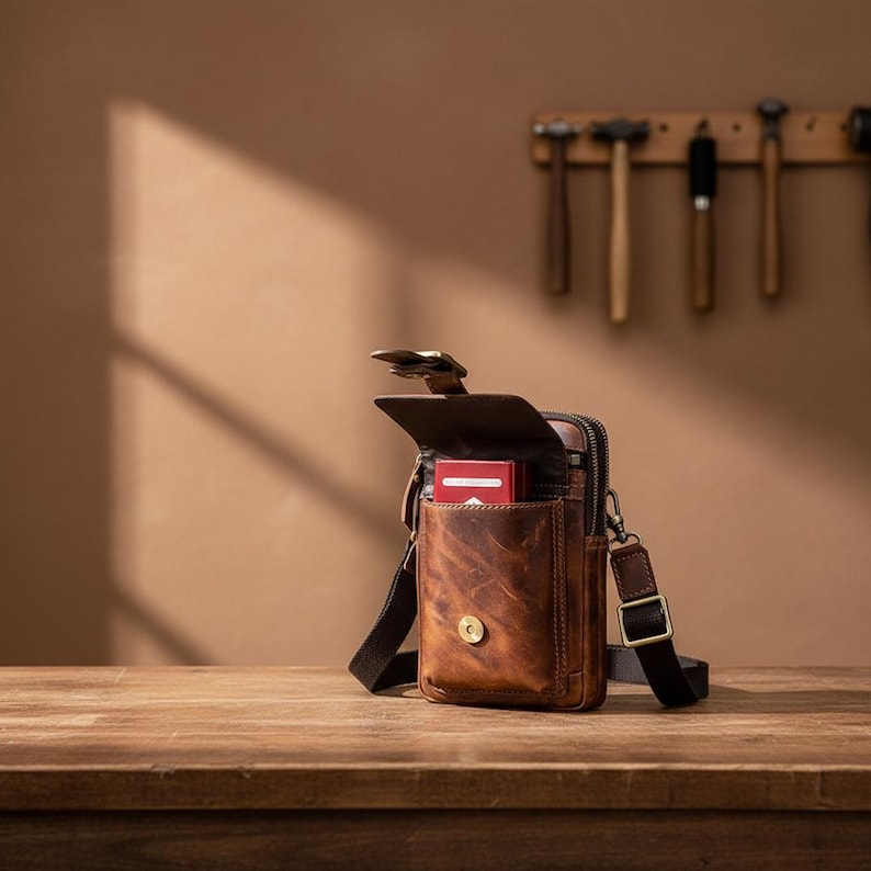 May include: A brown leather crossbody bag with a flap and a shoulder strap. The bag has a front pocket with a snap closure and a small box inside. The bag is sitting on a wooden surface.