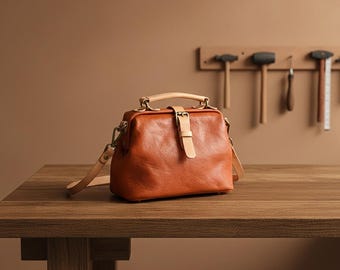 Bolsa médica feminina em couro legítimo, estilo vintage, feita à mão em couro bovino, com estrutura retrô.
