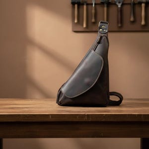 Könnte beinhalten: Dunkelbraune Leder-Umhängetasche mit einer Klappentasche und einem Schultergurt. Die Tasche ist aus glattem, strapazierfähigem Leder gefertigt und hat ein minimalistisches Design. Die Tasche steht auf einer Holzoberfläche.