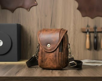 Leather Men's Sling Bag, Vintage Crossbody Waist Bag, Cowhide Casual Travel Phone Pouch