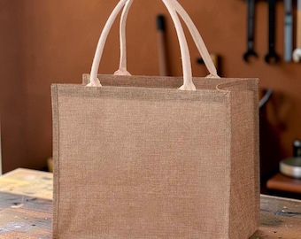 Minimalist Natural Jute Tote Bag, Reusable Linen Shopping Bag, Eco-Friendly Everyday Handbag, Structured Rustic Market Bag