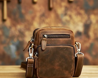 Genuine Leather Men's Crossbody Bag, Vintage Small Shoulder Satchel, Cowhide Phone Messenger Bag