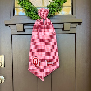 OU Gingham Wreath Sash | Oklahoma Sooners Door Hanger Bow Sash | Embroidered College Football Decor | Crimson & White Front Door Decoration