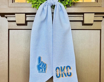 OKC Thunder Wreath Sash, Oklahoma City Basketball Decor, Blue Gingham Front Door Decor, Thunder Fan Playoff Wreath Ribbon