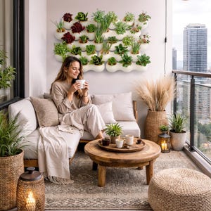 May include: A relaxing balcony setting with a woman enjoying a drink. A wall-mounted planter displays various green plants. A wooden coffee table holds small potted plants and cups. Wicker baskets and a woven rug add texture. A city skyline is visible.